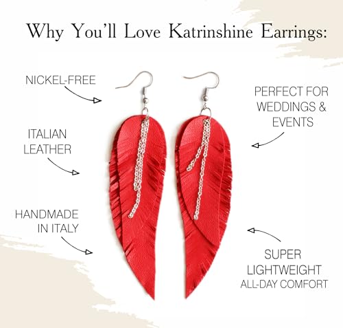 Black shiny Leather Feather Earrings for Women, Lightweight Minimal Boho Dangle Earrings, Small Simple Everyday Jewelry - color: red