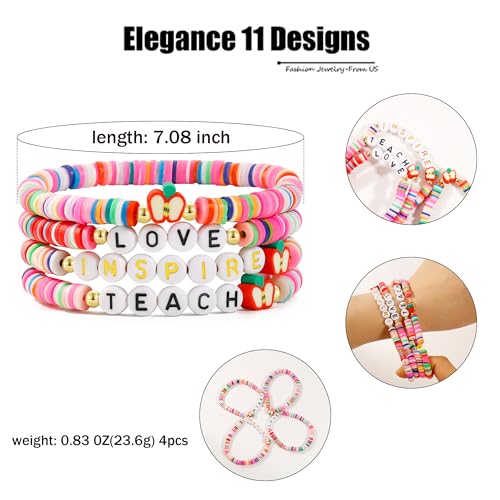 Elegance 11 designs Heishi Beaded Bracelets For Women Polymer Clay Colorful Surfer Stackable Beads Boho Bracelet Summer Beach Jewelry - color: Teacher-Colorful