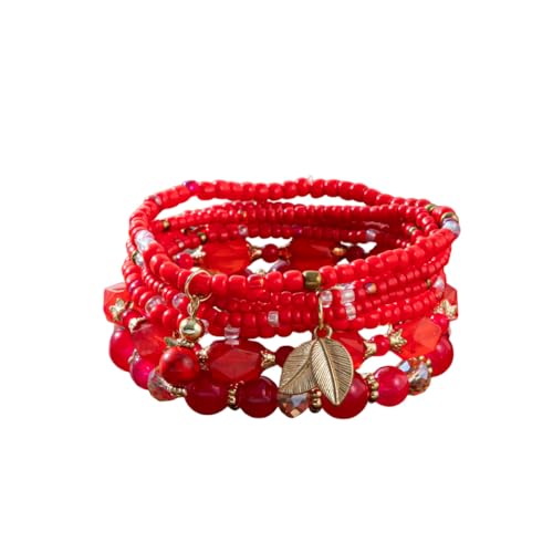 Caiyao 4Pcs Bohemia Multilayer Stackable Beaded Bracelets Set Colorful Crystal Stone Gold Beaded Stretch Bracelets Hawaii Charm Bracelet for Women Men Summer Beach Boho Vacation Jewelry Gifts - color: 7pcs red