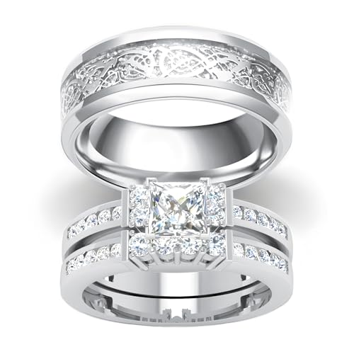 3Pcs Moissanite Wedding Rings Sets for Couples, s925 10K 14K 18K Real Gold Wedding Rings Sets for Him and Her, Customized Matching Engagement Bands Set for Men and Women Free Engraving - style: Style-4