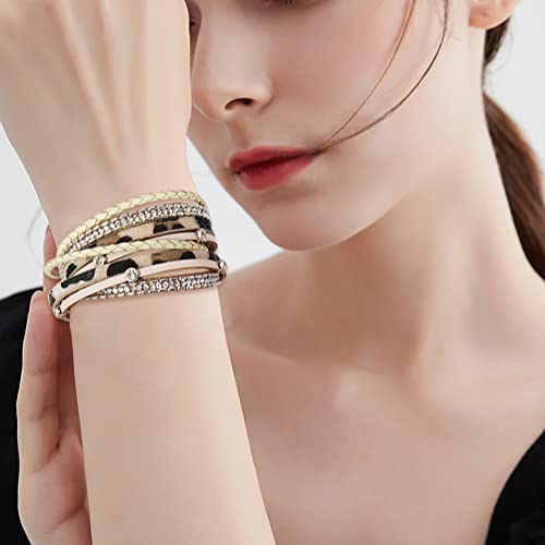 Wowanoo 3Pack Leather Cuff Bracelet Set Multilayer Wrap Bracelet Crystal Feather Tree Bracelet Magnetic Clasp Bracelet for Women - color: Colorful