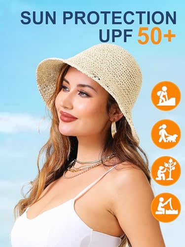 Womens Sun Hat Handmade Crochet Straw Bucket for Summer Foldable Travel Cap - color: Beige 2