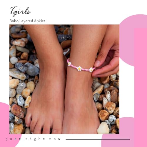 Tgirls Boho Ankle Bracelets for Women Beaded Anklets Chain Beachy Flower Foot Accessories - color: Pink