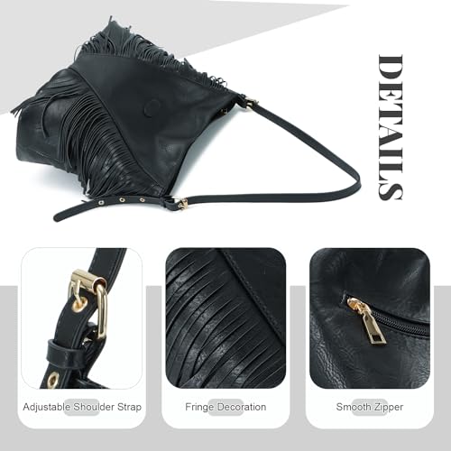 Vintage Fringe Shoulder Bags For Women Tassle Hobo Bags Large Crossbody Fringe Purse | Vintage - color: Black