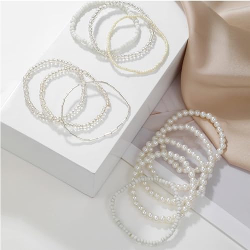 Handmade Bohemian Colorful Crystal Beaded Bracelets Set Multilayered Stackable Boho Stretch Adjustable Bangle Cuff Friendship Summer Beach Jewelry for Women - color: white