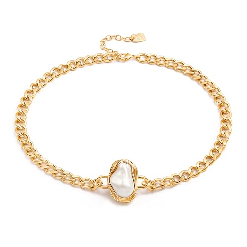 Aobei Pearl 18K Gold Plated Paperclip Chain Choker Satellite Chain Freshwater Cultured Biwa Pearl Pendant Necklace Dainty Turquoise Jewelry for Women - color: 18K Gold Plated Cuban Chain Baroque Pearl