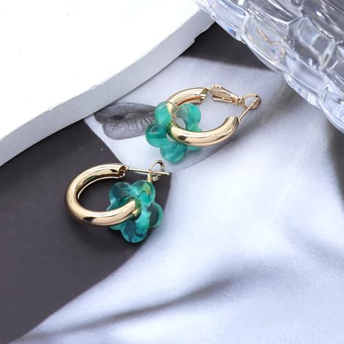 Chunky Acrylic Gold Small Flower Hoop Huggie Earrings, Colorful Boho Ear Piercing Dangle Drop Earrings, Dainty Chic Charm Jewelry Gift - color: Blue
