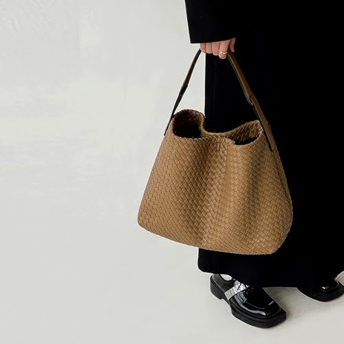 JINMANXUE Women Boston Bag, Woven Hobo Tote Handbag and Purses, Female Satchel Messenger Bags, Fashion Shoulder Crossbody Bag - color: Khaki