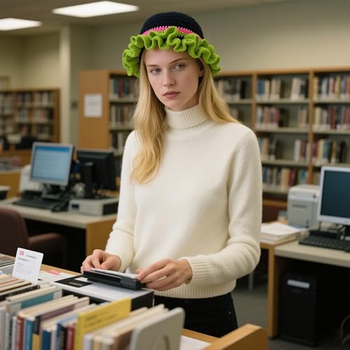 Handmade Crochet Bucket Hat for Women Boho Chic Slouchy Design Colorblock Ruffled Brim Festival&Daily Crochet Hat - color: Black Crown Green