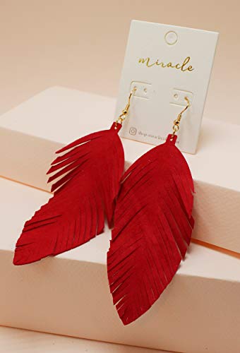 Large Genuine Soft Leather Handmade Fringe Feather Lightweight Tear Drop Dangle Color Earrings for Women Girls Fashion - color: Red