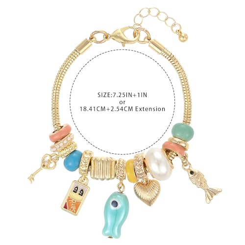 Madison Tyler Beach Bracelet for Women | Seahorse Octopus Tropical Fish Sea Turtle Shell Conch Beaded Charm Bracelet | Cute Gold Plated Adjustable Snake Chain Bracelet - style: Blue Fish