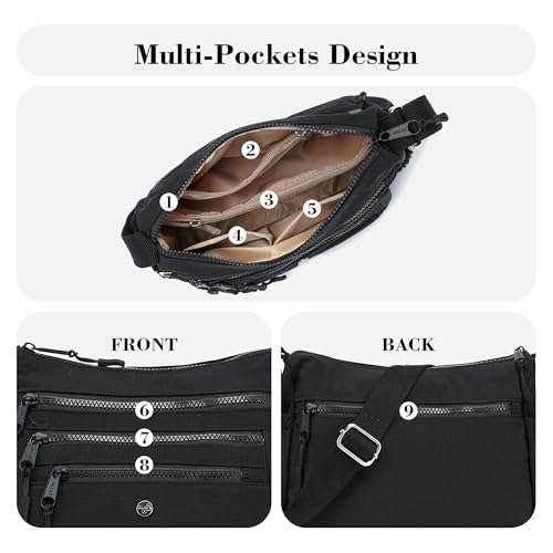 AOCINA Crossbody Bags for Women Multi Pocket Nylon Lightweight Ladies Purses Messenger Shoulder Handbags Satchel Travel Bag - color: Black, size: Large