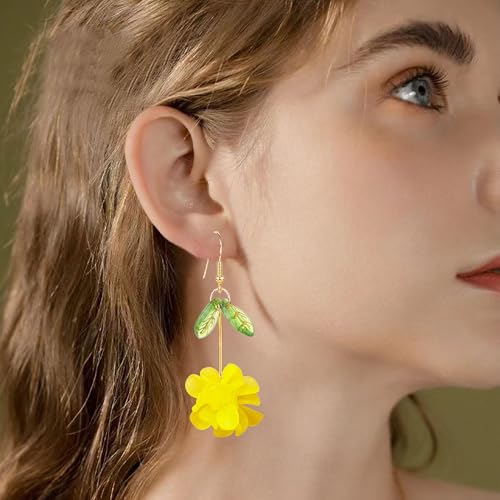 Resin Flower Cluster Ball Dangle Drop Earrings for Women Spring Summer Bohemian Floral Petal with Green Leaf Earrings Vacation Party Jewelry - color: Yellow