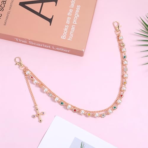 Hip Hop Waist Belt Chain Pearl Rhinestones Cross Double Layer Pants Chain Punk Rock Gold Chains for Pants Jeans Concerts Festivals Daily Outfits keychain Wallet Bag Jewelry Men Women