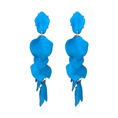 Long Acrylic Rose Petal Earrings Dangle Exaggerated Flower Earrings Drop Statement Floral Tassel Earrings for Women - color: Sky Blue