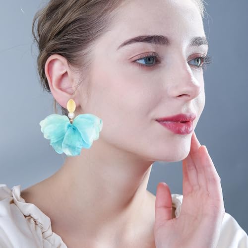 Handmade Fabric Flower Petal Fringe Dangle Drop Earrings Bohemian Floral Tassel Stud Earrings For Women - color: Light Blue