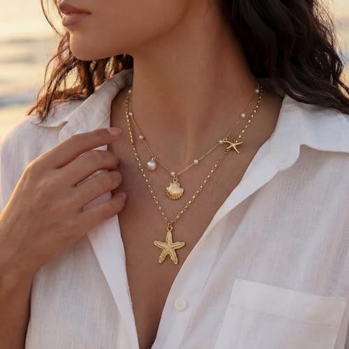 Shell Starfish Necklace for Women, Gold Plated Boho Layered Pendant Necklace with Pearl Conch Charm, Dainty Coastal Summer Beach Vacation Jewelry Gifts - style: Shell&Starfish 2Pcs