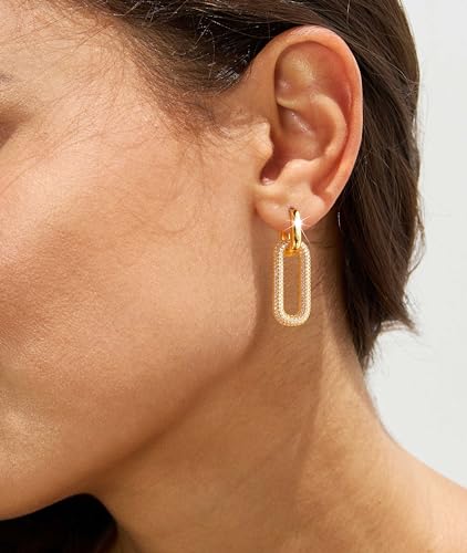 Gold Earrings for Women Trendy, Simple Dainty 14K Gold Plated Paperclip Square Chain Link Dangle Hoops Earrings Pin Stud Huggie Earrings Lightweight Hypoallergenic Minimalist Aesthetic Gold Jewelry for Christmas Gifts - color: link huggie earrings-gd