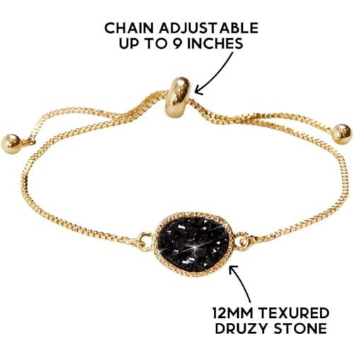Humble Chic NY Simulated Druzy Chain Bracelet for Women - Boho Stackable Adjustable Bolo Slider Bracelet - color: Gold - Black Stone