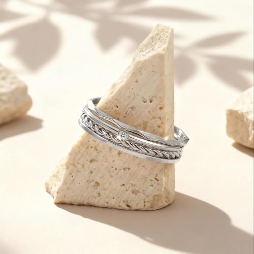 CONRAN KREMIX Waterproof Gold Stackable Rings for Women Non Tarnish,Dainty 14K Gold Plated Thin Thumb Ring Set Trendy Minimalist Rings for Women - color: Silver, size: 5