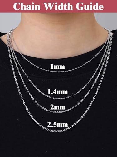 FOCALOOK Womens Chain Necklaces 1mm/1.4mm/2mm Cable Chain Necklace, 316L Stainless Steel Silver/Black/14K Gold/Rose Gold Plated, Hypoallergenic Chains for Pendant,14-30" - color: 1mm Silver, size: 14 Inch