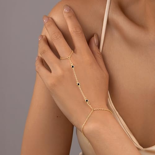 Gokeey Gold Hand Chain Bracelet for Women Trendy, Dainty 14k Gold Plated Ring Bracelet Hand Chain Finger Ring Slave Cuff Bracelet Cubic Zircon Hand Jewelry for Women Accessories - style: 3cz hand chain-Black