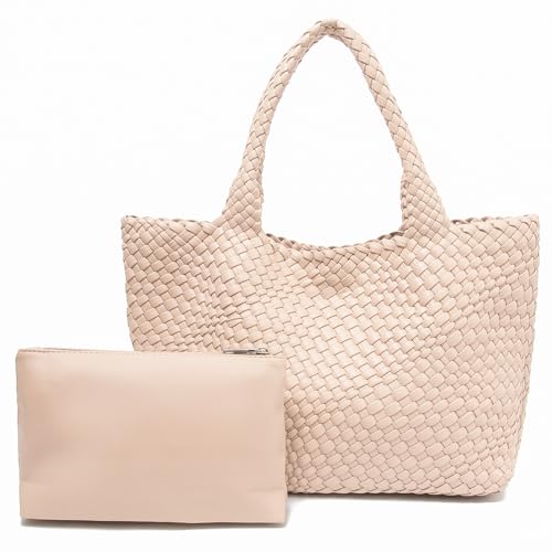 Handmade Woven Tote Bag for Women, Soft Vegan Leather Shoulder Bag with Purse, Large Travel Handbag - color: Nude-beige