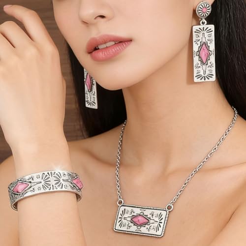 3 Piece Western Boho Pink Stone Jewelry Set for Women Silver Geometric Pendant Necklace Cuff Bracelet and Drop Earrings Bohemian Southwestern Fashion Accessories for Party Festival Everyday Wear Gift for Her