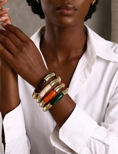 iF YOU 6pcs Chunky Acrylic Bangle Bracelets for Women, Resin Bamboo Brown Stretchy Bracelet Stack, Fashion Jewelry for Women - color: 4 Green & Orange bangles