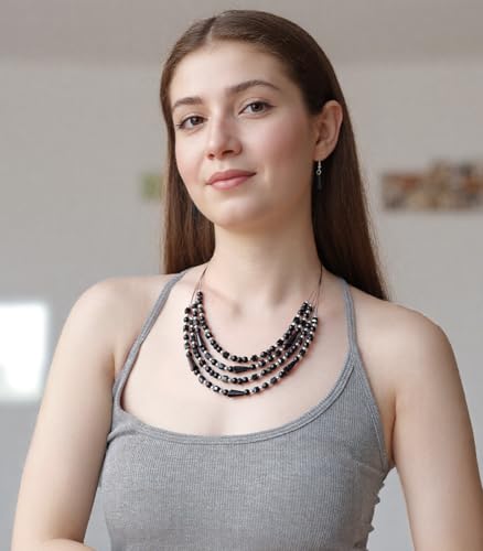 Errally Layered Beaded Statement Necklace Multi Strand Crystal Beads Collar Necklace and Earring Sets for Women Fashion Costume Jewelry Set Gifts for Her - color: Black