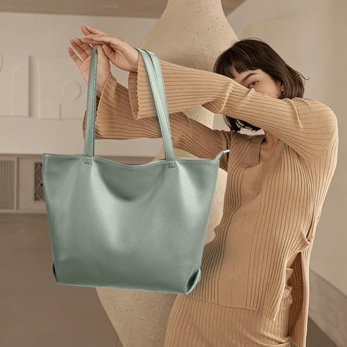 WLLWOO Soft Vegan Leather Tote Bag for Women Large Casual Hobo Handbags Zipper Shoulder Work Daily Weekender Travel Purse - color: Grey Green