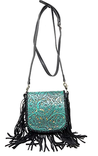 Western Genuine Leather Floral Tooled Fringe Womens Crossbody Bag 3 Color - color: Black/Turq