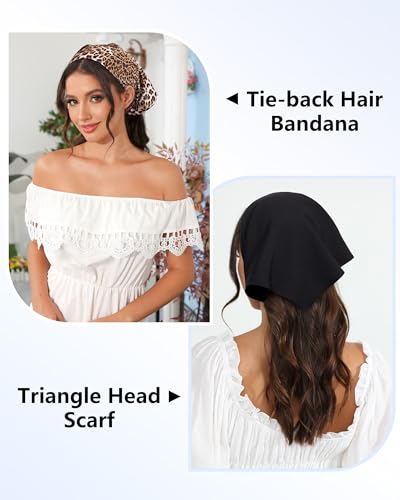 AWAYTR 3Pcs Hair Bandanas Head Kerchief for Women Girls Tie-Back Boho Hair Scarf Headband Bandana Triangle Head Scarf - color: Khaki + Black + Leopard Brown