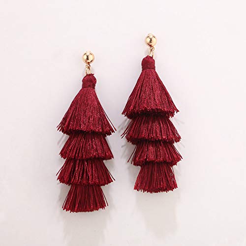 BaubleStar Tassel Earrings Handmade Tiered Thread Tassel Dangle Earrings, Multi Colors - color: Burgundy