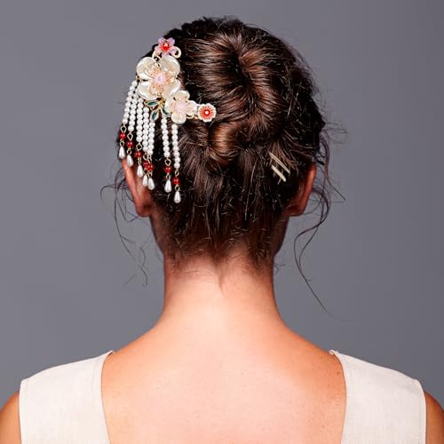 HINZIC Camellia Flower Tassels Hairpin Set for Women, Non-Slip Rhinestone Pearl Clover Hair Clips Headpiece, Retro Chinese Hanfu Wedding Brides Hair Accessories for Long Hair - color: White