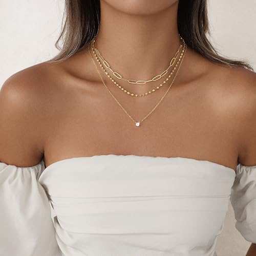 Layered Gold Necklace for Women Trendy 14K Gold Plated Heart CZ Pendant Layered Gold Necklaces Set Coin Choker Necklaces Simple Circle Cubic Zirconia Pearl Necklace Stack Herringbone Paperclip Chain Jewelry Set - style: 3PCS-Paperclip chain zircon-GD