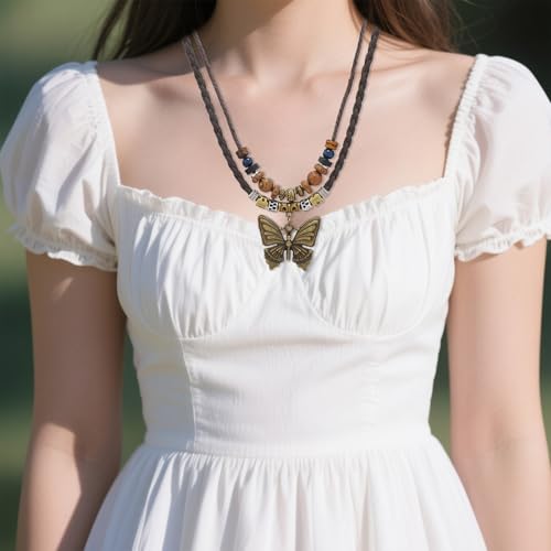 Boho Necklace for Women,Vintage Butterfly Pendant Necklaces,Adjustable Wooden Beads Layered Braided Choker,Fashion Tribal Style Leather Rope Necklace Jewelry,Chunky Statement Gift for Women - color: Brown