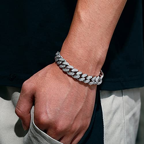 Apzzic Cuban Link Bracelet Iced Out Miami Gold Plated Hip Hop Full CZ Prong Diamond Bracelet with Giftbox Cuban Link Anklets for Men Women - color: Silver-Bracelet