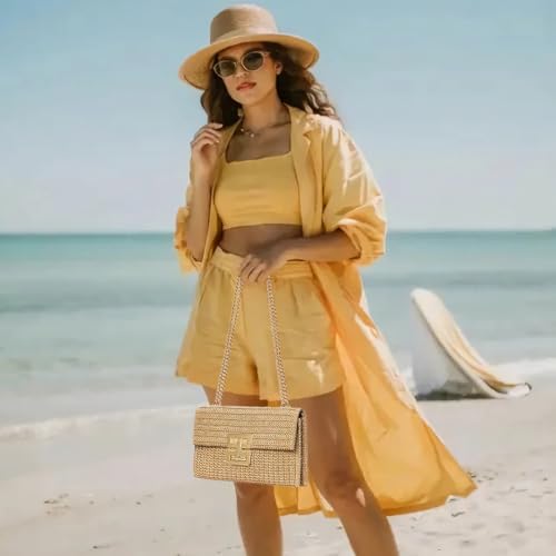 Huralona Women Straw Woven Clutch Purse Pleated Handbag for Summer Beach Vacation Straw Shoulder Crossbody Bag - color: White2