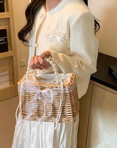 Wicker Basket Lace Ribbon Handbag Vacation Wedding Woven Handbag Drawstring Inner Pouch Daily Use Gift - color: A-white