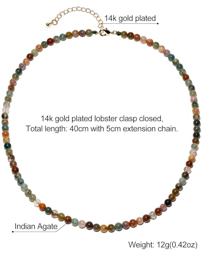 Simple Choker Necklace for Women Real Stone and Crystals Necklaces 4mm Beaded Choker Jewelry Meditation Gift for Women (16"+2") - style: Indian Agate