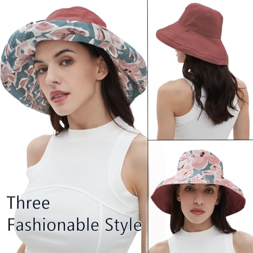 vidsel Womens Sun Hats Wide Brim Reversible Bucket Cotton Hat Packable Summer Travel Cap with Hat Clip,UV Protection - color: Red, size: Medium