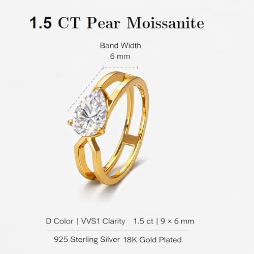 Moissanite Ring for Women, 1.5ct Blue Green Pear Shaped Teardrop Moissanite Colored Ring, 18K Gold Plated Sterling Silver, Statement Cocktail Rings for Women, Birthday Anniversary Jewelry Gift - color: Gold