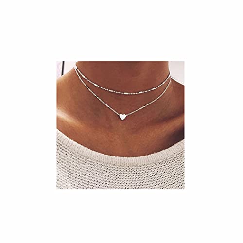 Aluinn Cute Heart Silver Choker Necklace for Women 18K Silver Layered Love Pendant Necklace Dainty Small Silver Necklace Gift Stocking Stuffers for Women Everyday Wear