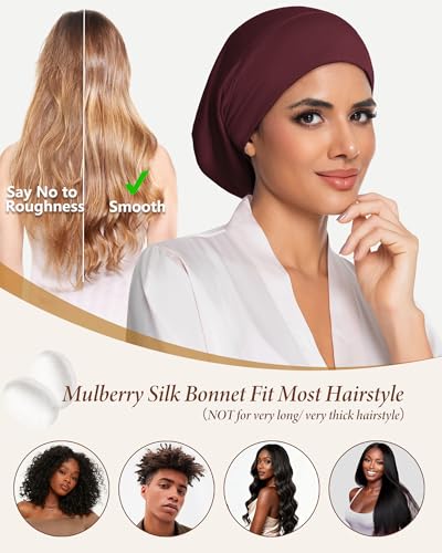 100% Mulberry Silk Bonnet for Sleeping Women Men, Real Silk Lined Bonnets for Curly Hair, Braid Sleep Cap Black Womens - color: Wine Red