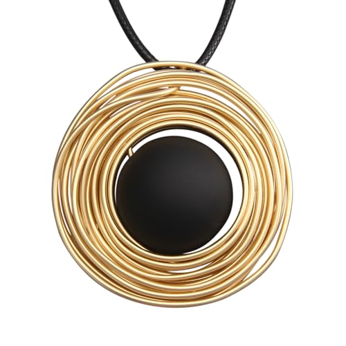 PU Leather Necklace Vintage Boho Style Multilayer Pendant Long Sweater Necklace Jewelry for Women Men with Adjustable Leather Cord - color: Gold Black Round Pendant Necklace