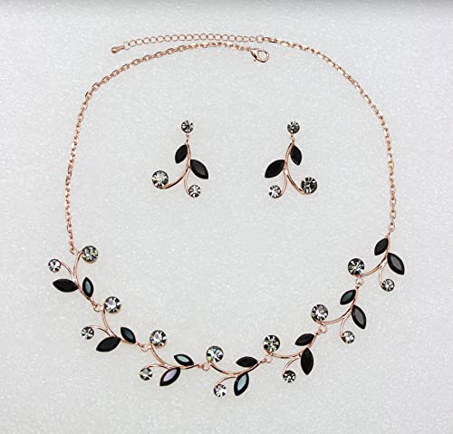 Faship Gorgeous Rhinestone Crystal Floral Necklace Earrings Set - color: Black / Rose gold plated