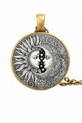 1pc Stunning Round Pendant Necklace - Unique Sun & Moon Pattern, Oil Painting Style Glass Mosaic, Alloy Construction, Trendy Sweater Chain, Fashionable Gift for Women - Christmas or Birthday Gift - color: Gray Sun/Moon Bronze Chain