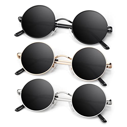 Round Polarized Sunglasses Men Women,Retro Metal Hippie Shades with 100% UV Protection - color: C2- Black + Golden+ Silvery