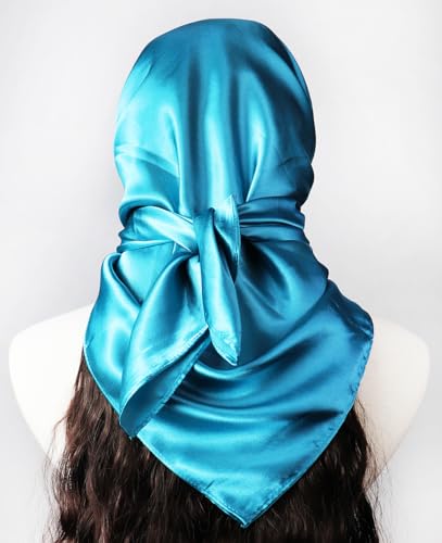 vabovin Satin Head Scarf for Women Solid Color, 35×35 in | Silk Feel Neckerchief, Hair Scarf, Fashion Bandana, Headscarf, Headband, Hair Wrap Sleeping, Daily Fashion Styling - color: 221 Blue